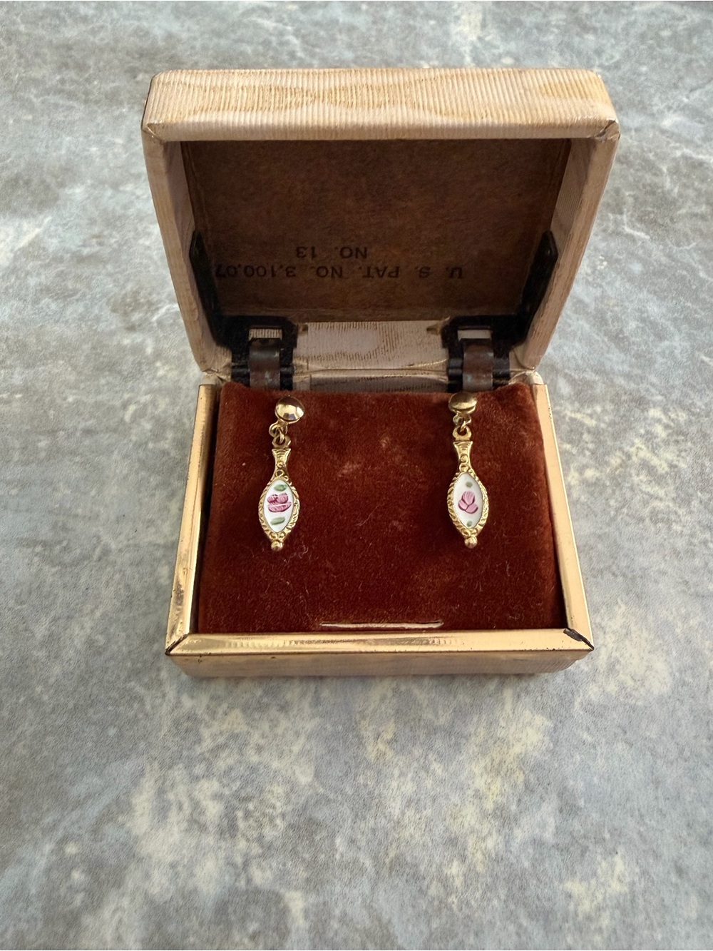 Vintage Drop Earrings with Pink Floral Enamel